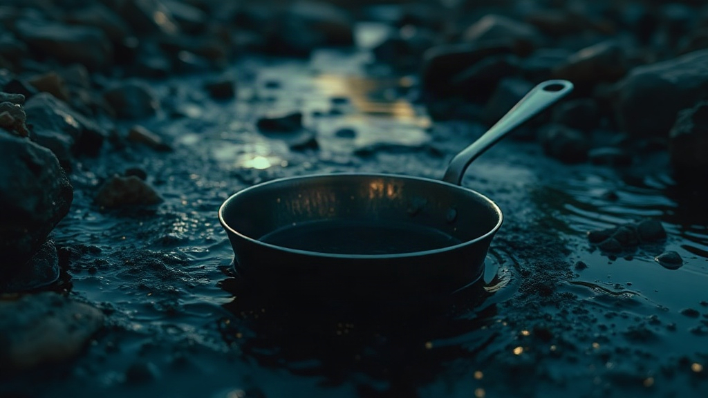 Gold pan in creek water at dusk with warm lantern light